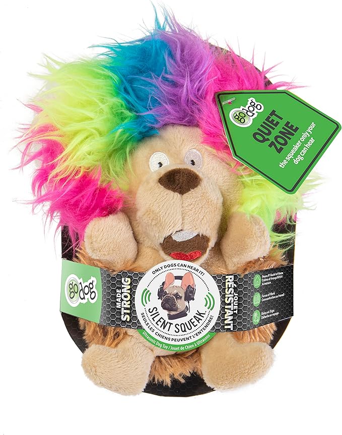 goDog Crazy Hairs Hedgehog Silent Squeak Plush Dog Toy, Chew Guard Technology - Brown, Small