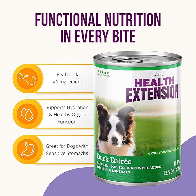 Health Extension Wet Dog Food Canned, Gluten & Grain-Free, Natural Food for All Dogs with Added Vitamins & Mineral, Duck Entree (12.5 Oz / 374 g) (Pack of 12)