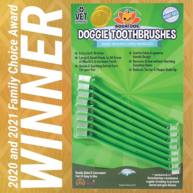 Bodhi Dog Dual-Headed Long Dog Toothbrush | Cat & Dog Toothbrush with Soft Bristles for Pet Dental Care | Easy Teeth Cleaning Pet Toothbrush, 8 Count
