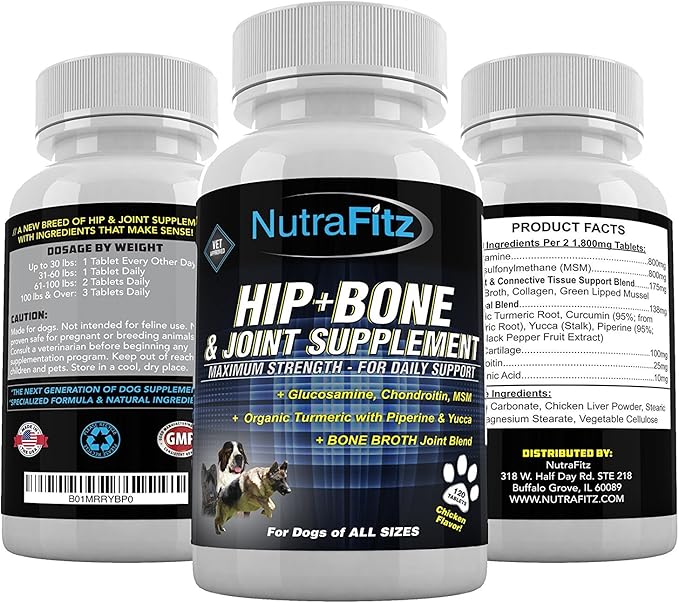 Hip Bone and Joint Supplement for Dogs -Glucosamine Chondroitin for Dogs, MSM, Organic Turmeric - Hip Dysplasia, ACLs - Best Dog Joint Supplement for Joint Support - 120 Tablets