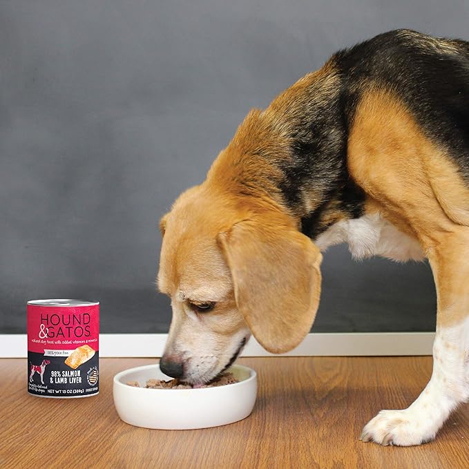 Hound & Gatos Wet Dog Food, 98% Salmon & Lamb Liver, case of 12, 13 oz cans