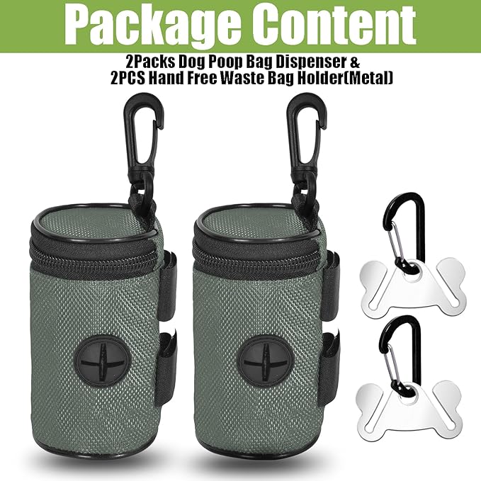 2 Pack Dog Poop Bag Holder for Leash Attachment - Waste Bag Dispenser for Leash - Fits Any Dog Leash - Portable Set with Hand Free Holder Metal Carrier, Round Style, Grey