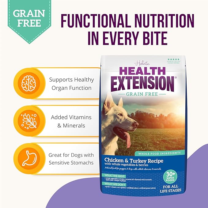 Health Extension Grain Free Formula, Dog Food, Chicken and Turkey with Whole Vegetables and Berries, 10-Pound