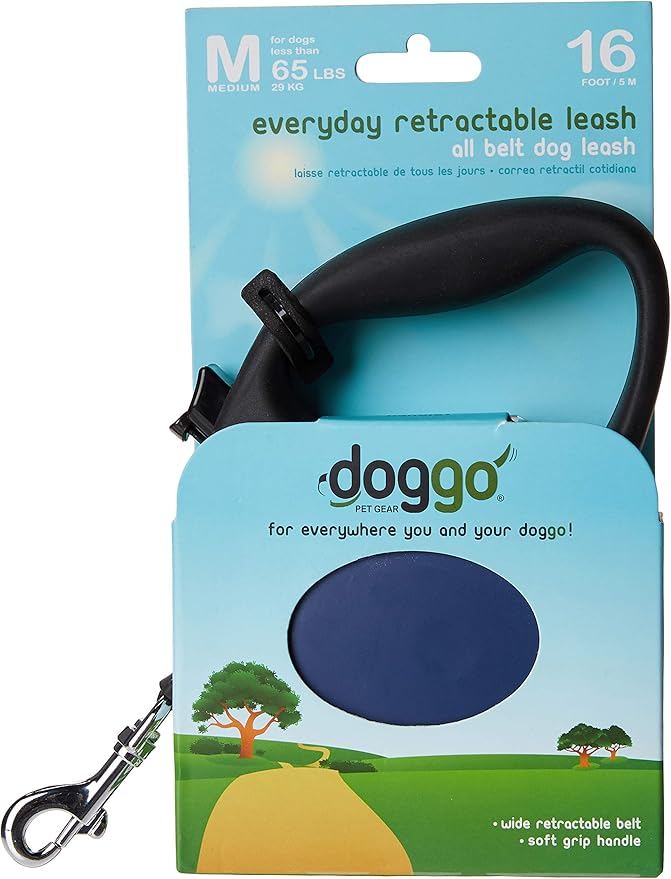 doggo Everyday Retractable Dog Leash, 16' Long Belt, Medium for Dogs Up to 65 lbs, Blue with Black Soft Grip Handle