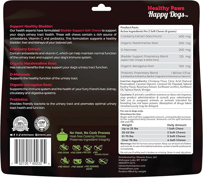 Cranberry Supplement for Dogs | Urinary Tract and UTI Support Chews | Incontinence and Bladder Control Nutritional Bites with D Mannose, Marshmallow Root, Probiotics, for Liver, Kidney