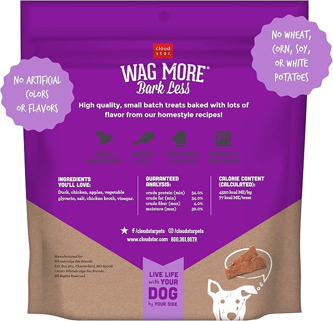 Cloud Star Wag More Bark Less Grain Free Jerky Dog Treat, Meat Treats Made in The USA, Duck & Apple 20 oz.