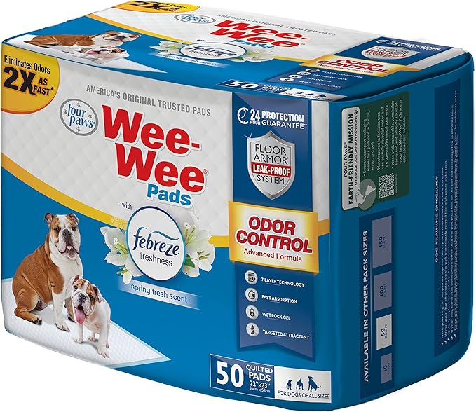 Four Paws Wee-Wee Odor Control with Febreze Freshness Pee Pads for Dogs of All Sizes, Leak-Proof Floor Protection Dog & Puppy Quilted Potty Training Pads, Spring Fresh Scent, 22" x 23" (50 Count)