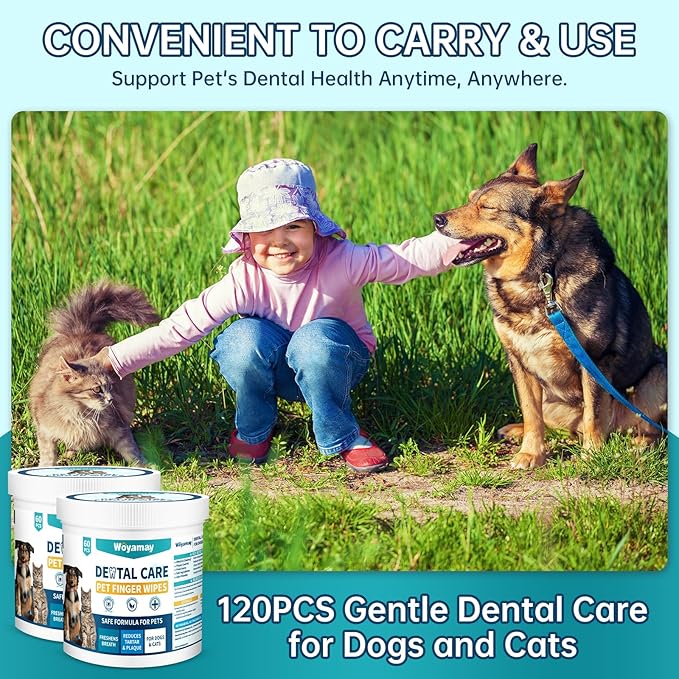 Teeth Cleaning Wipes for Dogs & Cats, 120 Counts Dental Wipes for Reducing Plaque & Tartar for Cats and Dogs, Disposable Gentle Breath Freshener Dental and Gum Care Finger Pet Wipes