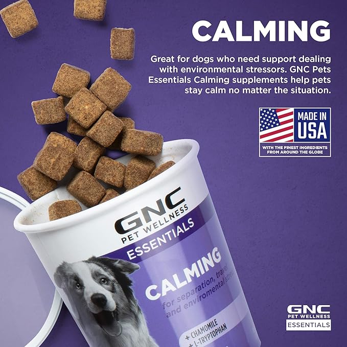 GNC for Pets Essentials Calming Soft Chew Dog Supplements | 60 Ct Bacon Flavor Dog Soft Chew Supplements for Calming and Relaxation | Adult Dog Calming Chews for Anxiety, White