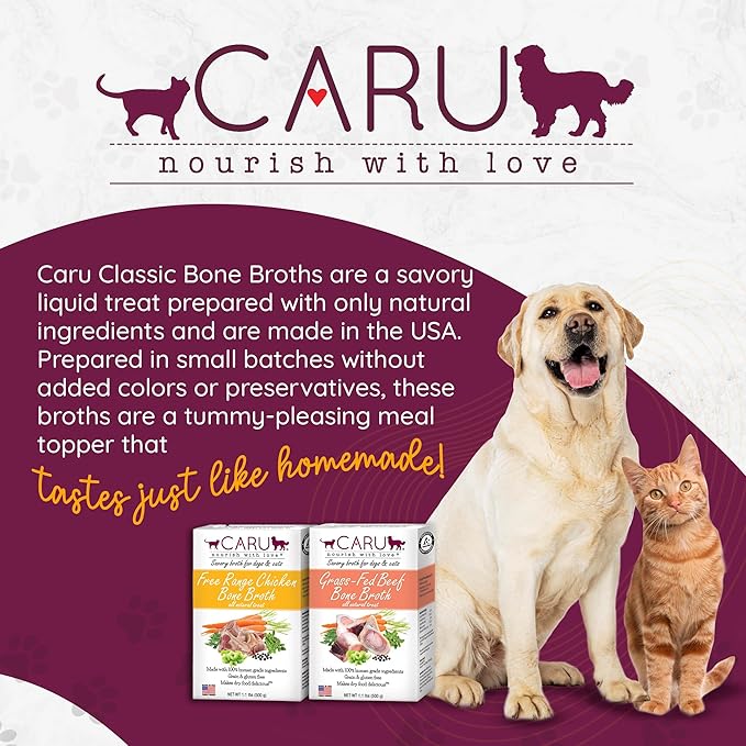 Caru - Grass-Fed Beef Bone Broth for Dogs and Cats, Moistens Dry Food or Pour Over Freeze Dried Raw Food, Grain and Gluten Free, Non-GMO Ingredients (1.1 lbs).