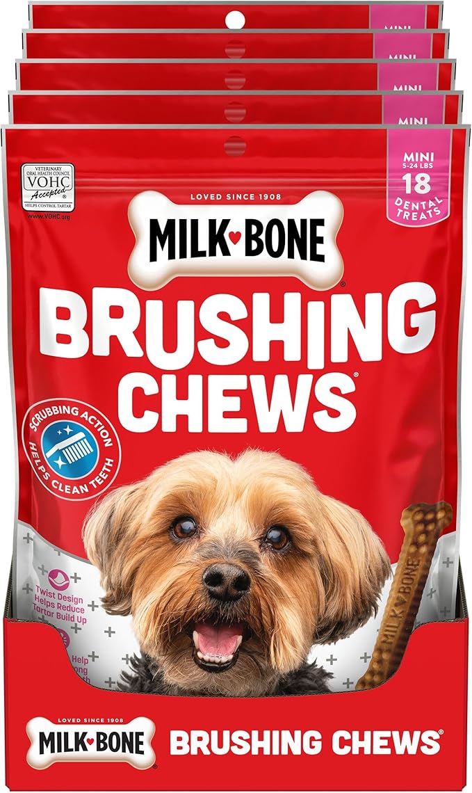 Milk-Bone Original Brushing Chews, 18 Mini Daily Dental Dog Treats (Pack of 5) Scrubbing Action Helps Clean Teeth