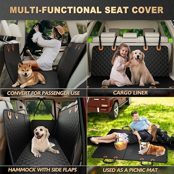 K KNODEL Dog Seat Cover, 100% Waterproof Car Seat Cover for Pets, Pet Seat Cover Dog Hammock, Heavy Duty Scratch Proof Pet Back Seat Covers, Zippered Side Flaps for Cars, Trucks and SUVs (Black)