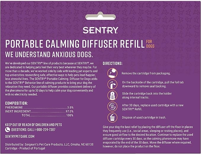 Sentry Behavior Portable Calming Diffuser Refill for Dogs, Reduces Stress and Bad Behavior with Calming Phereomones, Easy-to-use Portable Design, 60 Day Release