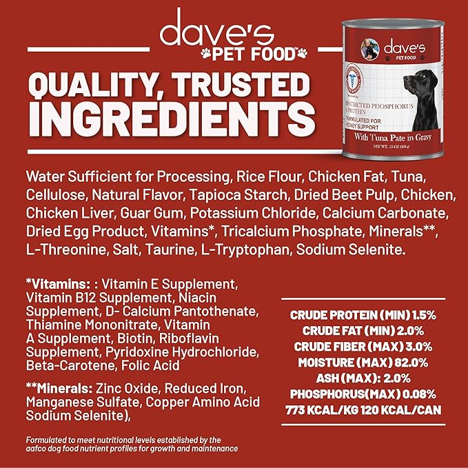 Dave's Pet Food Kidney Support for Dogs with Renal Support (Tuna Pate), Wet Renal Dog Food, Non-Prescription Low Phosphorus, Added Vitamins & Mineral, Vet Formulated (13.2 oz, Pack of 12)