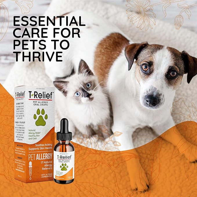 T-Relief Pet Allergy Support Drops for Dogs & Cats Itchy Relief Supports Healthy Skin & Coat Natural Medicine Helps Soothe Hot Spot Itching Paws Licking Runny Nose Sneezing Watery Eyes - 1.69 Fl oz