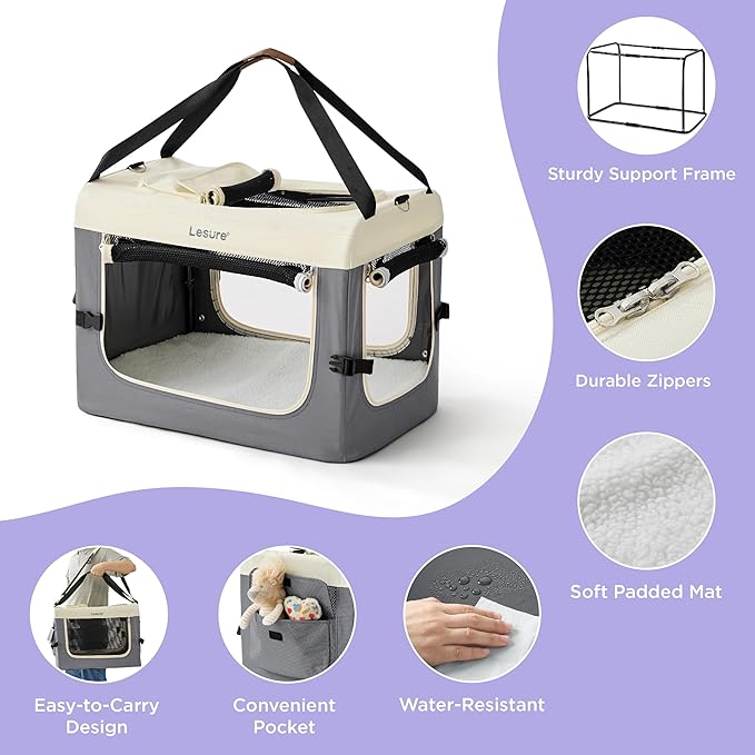 Lesure Collapsible Travel Dog Crate for Small Dogs, Portable Soft Dog Crate for Outdoor & Indoor, Folding Fabric Dog Kennel with Handle, 28 Inch Heavy Duty Pet Carrier (Grey)