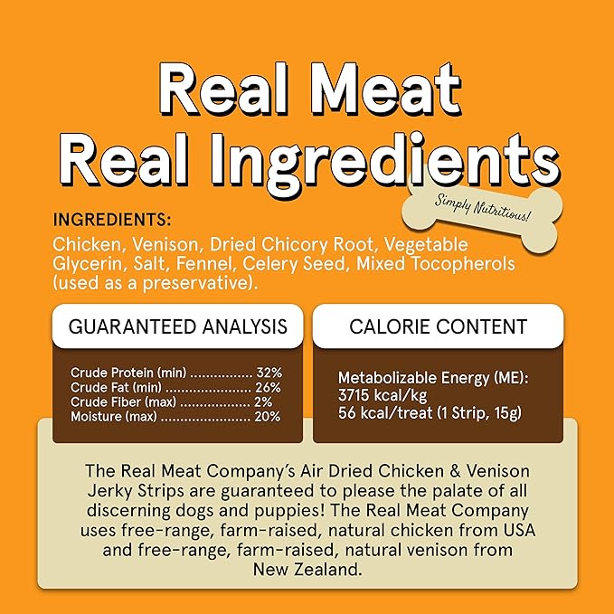 Real Meat Venison & Chicken Jerky Dog Treats - 8 Air-Dried Strips of Jerky Treats for Dogs - Grain-Free Jerky Treats Dog Snacks Made up of 95% Human-Grade, All-Natural, & Free-Range Chicken & Venison
