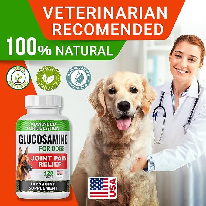 Glucosamine Tablets for Dogs - Joint Supplement w/Omega-3 Fish Oil - Chondroitin, MSM - Advanced Mobility Chews - Joint Pain Relief - Hip & Joint Care - 120 Ct - Made in USA