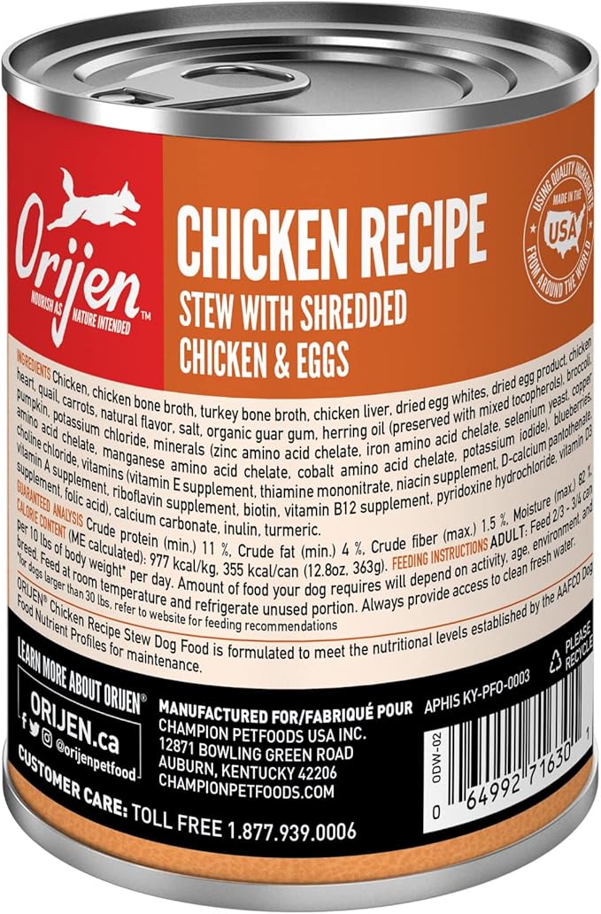 ORIJEN Chicken Recipe Stew with Shredded Chicken and Eggs Wet Dog Food, WholePrey Ingredients, 12.8oz (Case of 12)