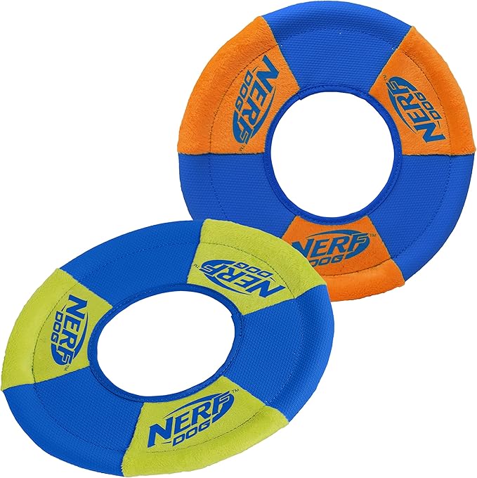 Nerf Dog Toss and Tug Ring Dog Toy, Flying Disc, Lightweight, Durable and Water Resistant, 9 Inch Diameter, For Medium/Large Breeds, Two Pack, Green and Orange