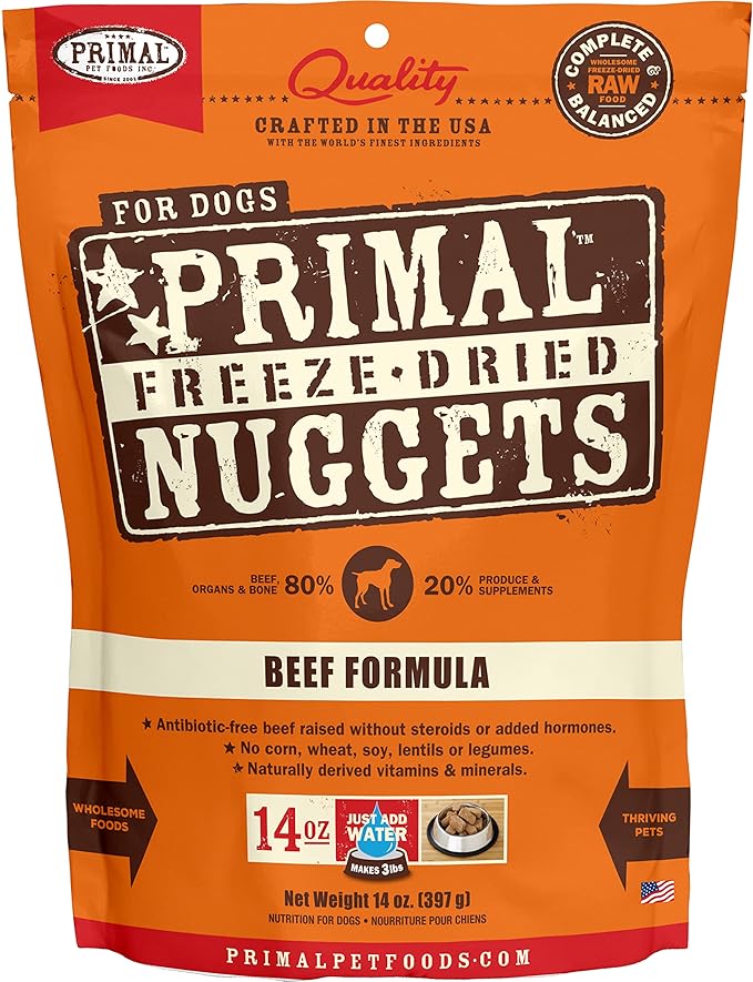 Primal Freeze Dried Dog Food Nuggets, Beef; Complete & Balanced Meal; Also Use as Topper or Treat; Premium, Healthy, Grain Free, High Protein Raw Dog Food, 14 oz