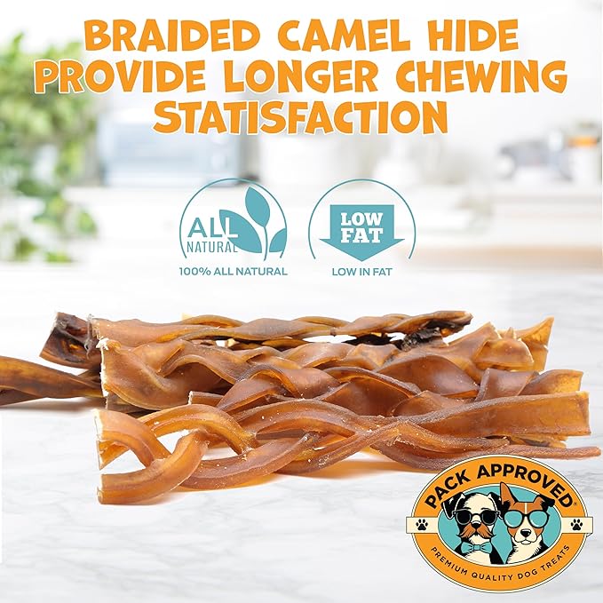6" Braided Camel Sticks - Long Lasting Dog Chews for Aggressive Chewers - Rawhide Alternative, Grain free, One Ingredient Dog Treats - Great for Dog Dental Care - (10 pack)