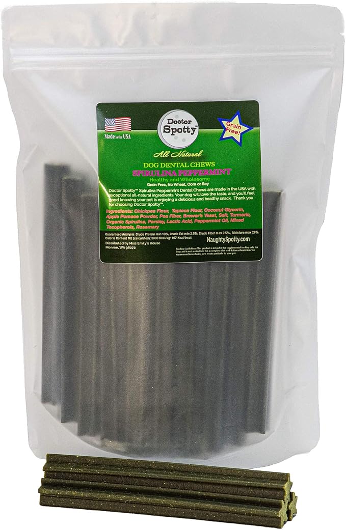Doctor Spotty Peppermint Dog Dental Chews made with Spirulina and Other Beneficial Ingredients, Natural and Grain-Free, Made in The USA, Bulk Size 31-Count.