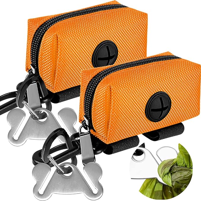 2Packs Dog Poop Bag Holder for Leash Attachment Dog Poop Bag Dispenser Dog Waste Bag Dispensers for Leash Accessory Dog Poop Bag Holders Fits Dog Leash Include Hand Free Holder Metal Carriers, Orange