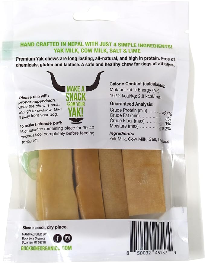 Buck Bone Organics Yak Cheese Chews for Dogs, All Natural Himalayan Yak Chew, Long Lasting Pet Treats, Odor Free, with Limited Ingredients (4 Small Sticks)