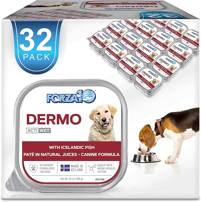 Forza10 Actiwet Dermo Wet Dog Food, Omega 3 Canned Dog Food Sensitive Skin Health, Dry Skin Fur Loss, 3.5 oz, Fish Flavor, Adult Dogs (32 Pack)