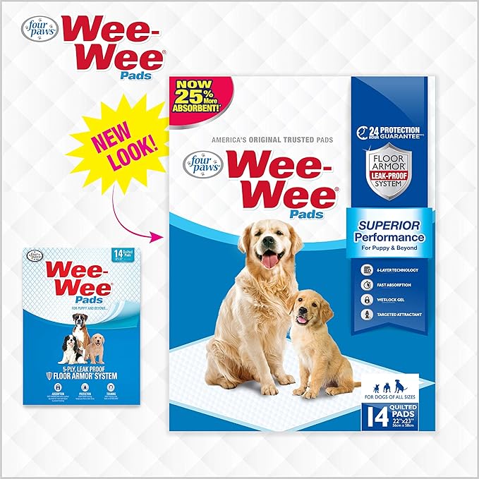 Four Paws Wee-Wee Superior Performance Pee Pads for Dogs of All Sizes, Leak-Proof Floor Protection Dog & Puppy Quilted Potty Training Pads, Unscented, 22" x 23" (14 Count)