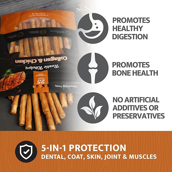 Chicken Collagen Sticks for Dogs, Dog Chews Long Lasting, Rawhide Free, 25 Count, Bully Sticks for Large, Medium, and Small Dogs