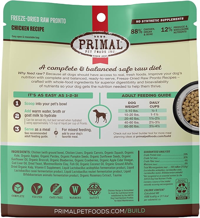 Primal Freeze Dried Dog Food Pronto, Chicken; Scoop & Serve, Complete & Balanced Meal; Also Use As Topper or Treat; Premium, Healthy, Grain Free, High Protein Raw Dog Food (25 oz, 2-pack)