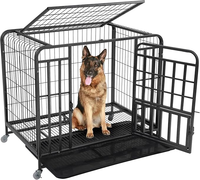 42 inch Large Dog Crate, Heavy Duty Metal Dog Kennel Indoor for Large Breed, Double Door Big Dog Cage, Dog Crate Tray Replacement, Lockable Wheels