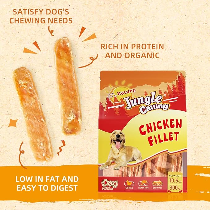 Jungle Calling Dog Treats, Chicken Jerky Dog Treats, High Protein Grain Free Chicken Dog Training Treats, Slow Roasted Chicken Strips for Dogs, Chewy Chicken Fillets, 10.6 oz