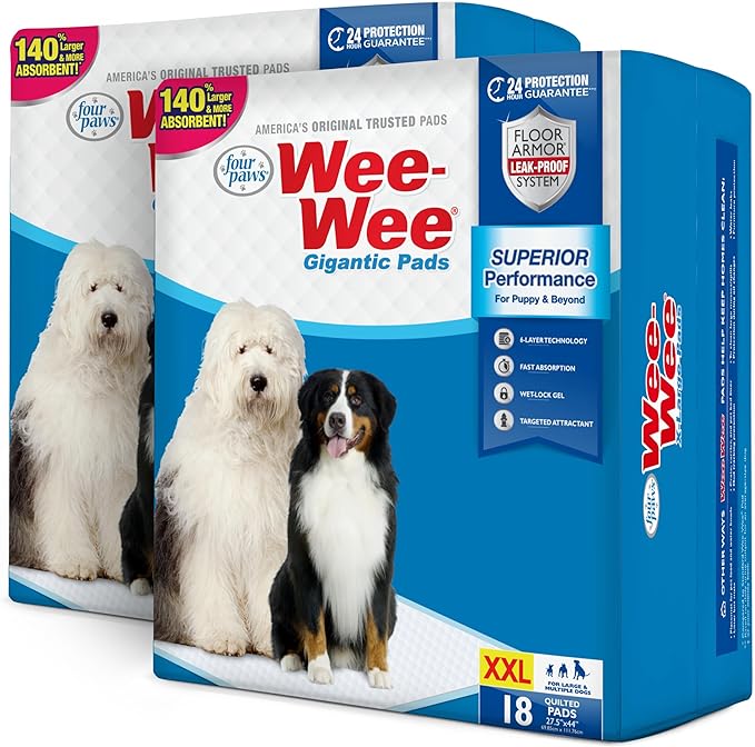 Four Paws Wee-Wee Superior Performance Gigantic Pee Pads for Extra Large Dogs, Leak-Proof Floor Protection Dog & Puppy Quilted Potty Training Pads, Unscented, 27.5" x 44" (36 Count)
