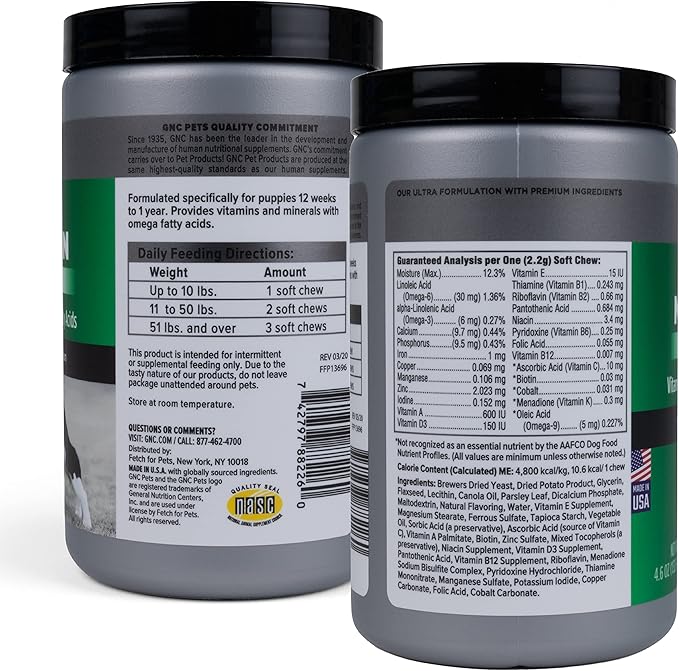 GNC Pets Ultra Multivitamin Soft Chews, Puppies, Chicken Flavor. 60-ct in 4.6 Oz Canister | Multivitamins for Puppies in Chicken Flavored Chewables from Pets Ultra