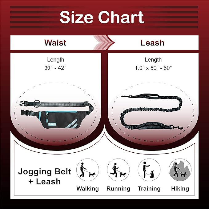 DOCO Lite Dog Jogging Belt with Zipper Pouch, Bungee Leash for Walking, Hiking, Jogging with Dog, Made for 10-100 lb. Dogs (Black)