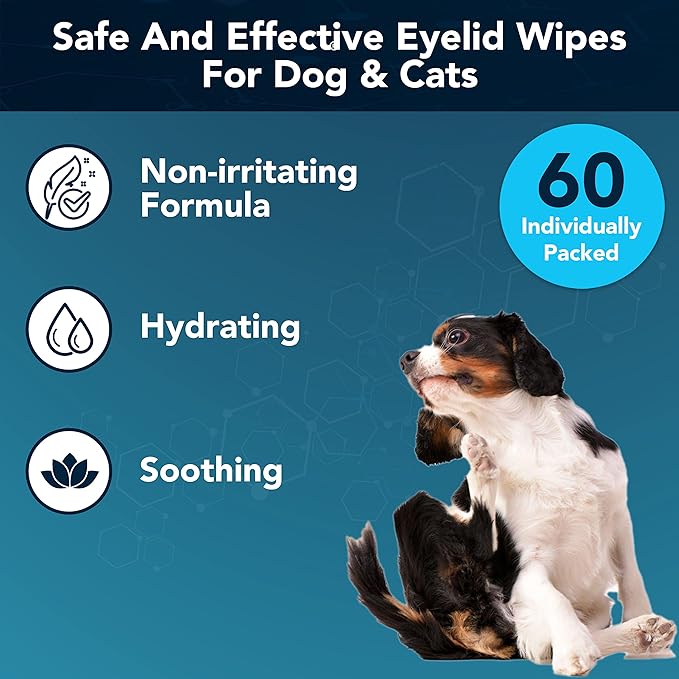 NOVEHA 60 Dog Eye Wipes, Gentle Tear Stain Remover, Eye Hygiene, Infection Prevention, and Allergy Relief