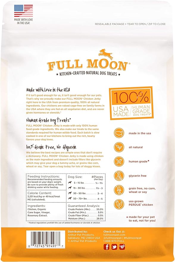 Full Moon Chicken Jerky Healthy All Natural Dog Treats Human Grade Made in USA Grain Free 12 oz
