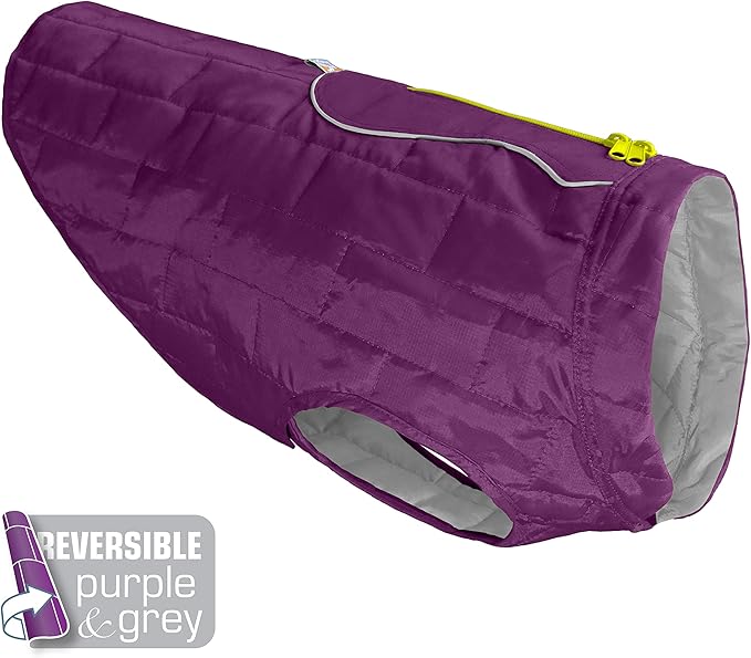 Kurgo Loft Dog Jacket, Reversible Dog Coat, Wear with Harness or Sweater, Water Resistant, Reflective, Winter Coat for Medium Dogs (Deep Violet, M)