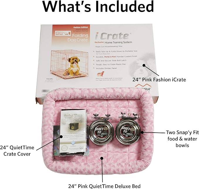 MidWest Homes for Pets iCrate Dog Crate Starter Kit, 24-Inch Dog Crate Kit Ideal for Small Dog Breeds ( uo to 25 pounds) Includes Dog Crate, Pet Bed, 2 Dog Bowls & Dog Crate Cover (Pink), 1524PK-KIT