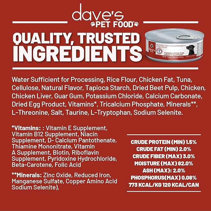 Dave's Pet Food Kidney Support for Dogs with Renal Support (Tuna Pate), Wet Renal Dog Food, Non-Prescription Low Phosphorus, Added Vitamins & Minerals, Vet Formulated (5.5 oz, Pack of 24)