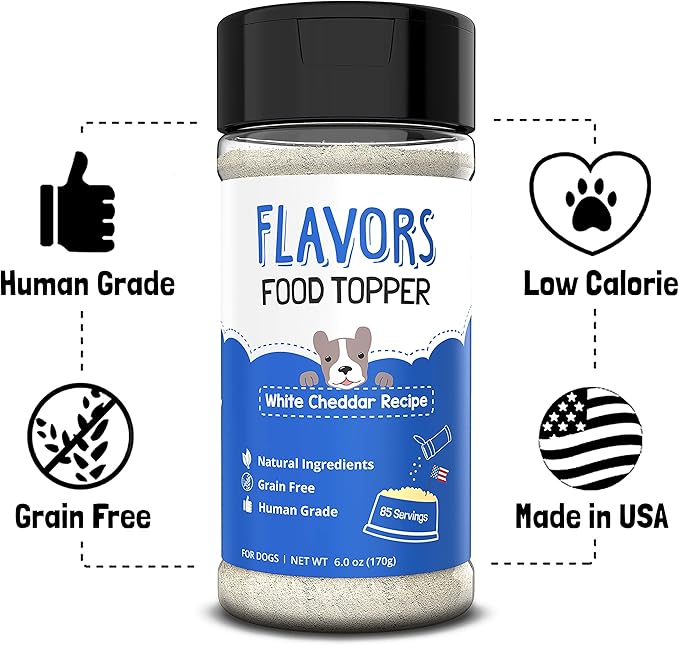 Flavors Food Topper for Dogs, Delicious Seasoning for Dog Food, Natural, Grain-Free Kibble Seasoning and Treat Mix for Picky Dogs and Puppies, White Cheddar Recipe, 3.1-Ounce