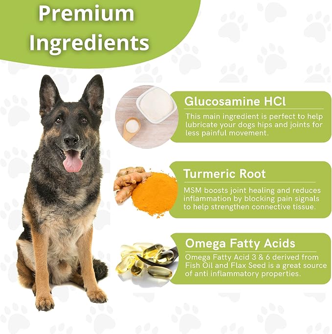 Premium Dog Joint Supplement with Glucosamine, Chondroitin, MSM, Omega 3 and 6 – Natural Dog Hip and Joint Supplement for Mobility – 90 Soft Chews