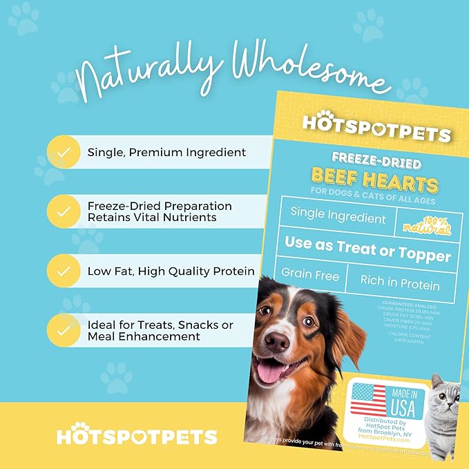 hotspot pets Freeze Dried Beef Heart Treats for Cats & Dogs - Single Ingredient All Natural Grain-Free Beef Heart - Perfect for Training, Topper or Snack - Made in USA - 1LB Bag