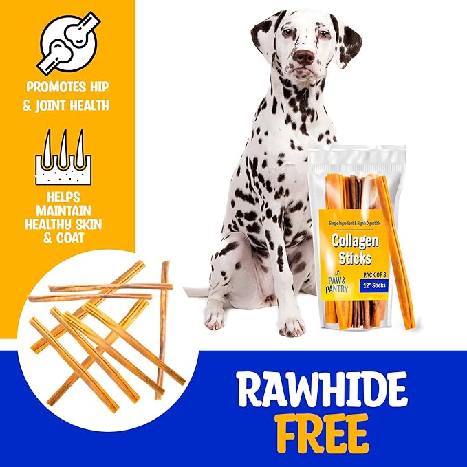 Paw & Pantry 12" Beef Collagen Sticks for Dogs (8 Pk) - Rawhide Free All Natural Collagen Chews for Dogs - Long Lasting Dog Collagen Sticks - Dog Treats Promote Hip, Joint, Skin, Coat, & Dental Health