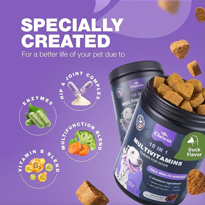 Dog Multivitamin Chews 15 in 1 - Dog Vitamins - US Formulated Joint Supplements for Dogs - Dog Multi Vitamins with Glucosamine & Chondroitin - Dog Treats for Hip & Joint, Itchy Skin & Coat