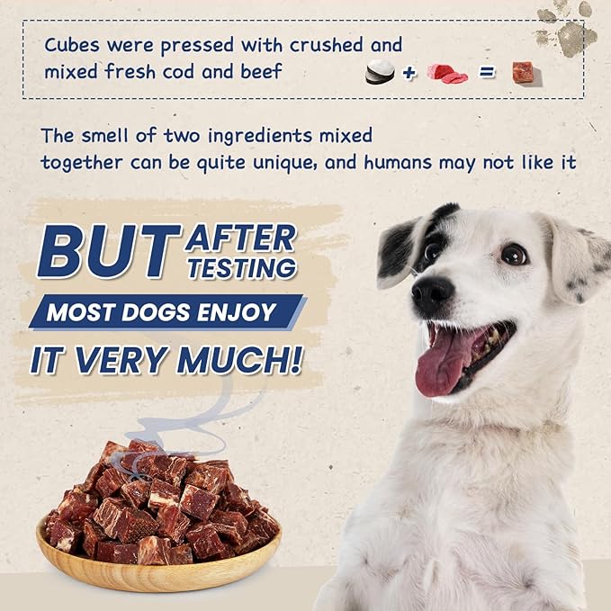 Dog Treats Training Rewards, Beef Cod Cubes, 1% Taurine Added, 12.5oz(355g), Rawhide Free, Grain Free, Low Fat Dog Training Rewards and Snacks, No Additives