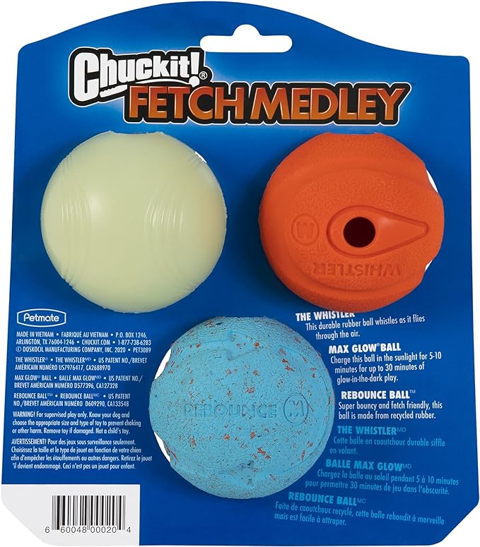 Chuckit Fetch Medley Dog Ball Dog Toys, Medium (2.5 Inch) Pack of 3, for Medium Breeds, Includes Whistler, Max Glow and Rebounce Balls